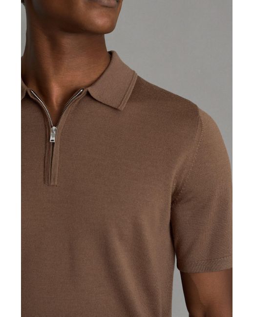 Reiss Maxwell - Pecan Brown Merino Wool Half-zip Polo Shirt, L for men