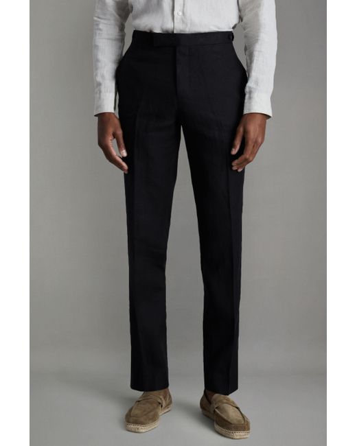 Reiss Kin - Black Slim Fit Linen Adjuster Trousers for men