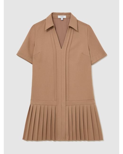 Reiss Natural Pleated-Skirt Collared Mini Dress