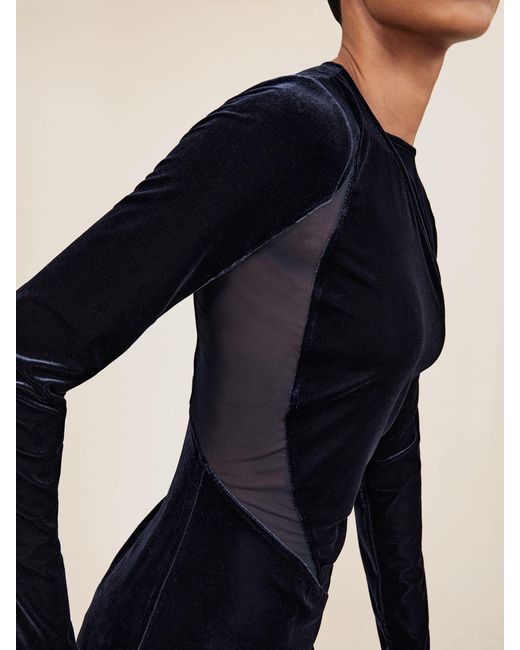 Reiss Blue Ruched Velvet Mesh Panel Mini Dress