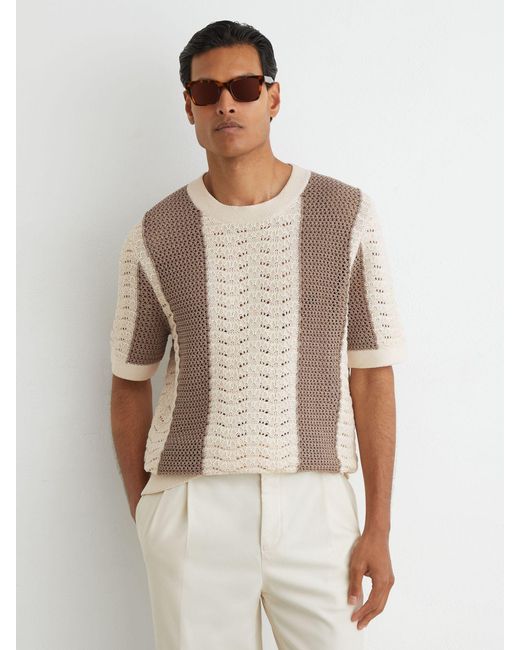 Reiss Brown Camel & Off Cotton Crochet-Knit Striped T-Shirt for men