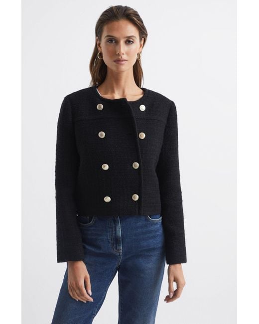 Reiss Blue Esmie - Black Cropped Double Breasted Jacket, Us 14