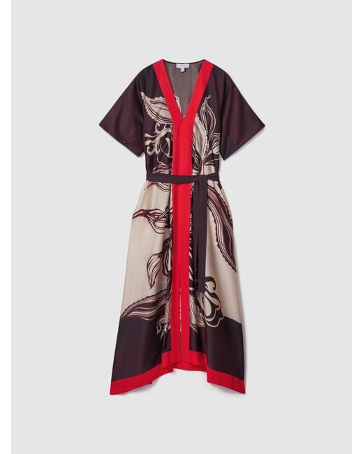 Reiss Red Hanna Printed Front Split Midi Dress, Cream & Burgundy