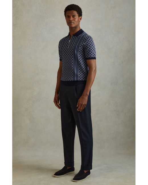 Reiss Gray Sanderson - Navy Half-zip Diamond Stitch Polo Shirt for men