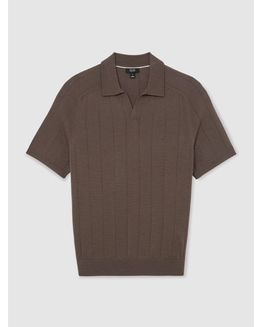 Reiss Brown Merino Wool Wide-Rib Polo Jumper for men