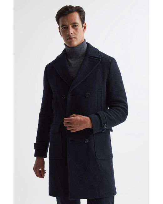 Reiss Blue Fall - Navy Double Breasted Wool Blend Military Overcoat, Uk X-small for men