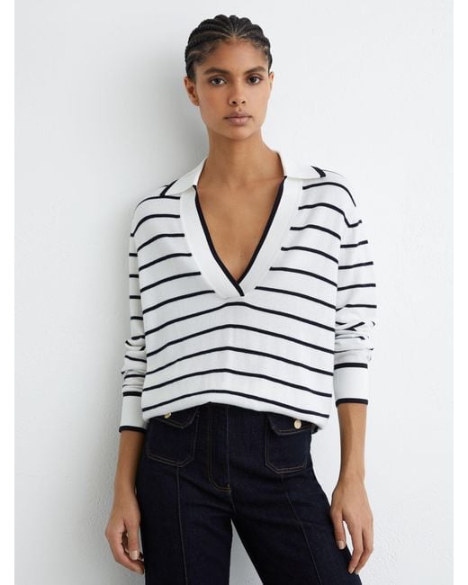 Reiss White Wool-Blend Collar Stripe Jumper With Cashmere