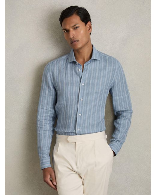 Reiss Blue Airforce & Bengal Stripe Linen Striped Long Sleeve Shirt for men