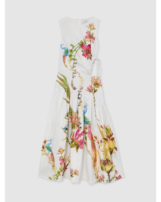 Reiss White Bianca - Ivory Linen Floral-print Cut-out Midi Dress, Us 12