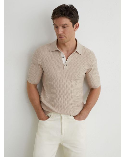 Reiss White Textured-Knit Half-Button Polo Shirt for men