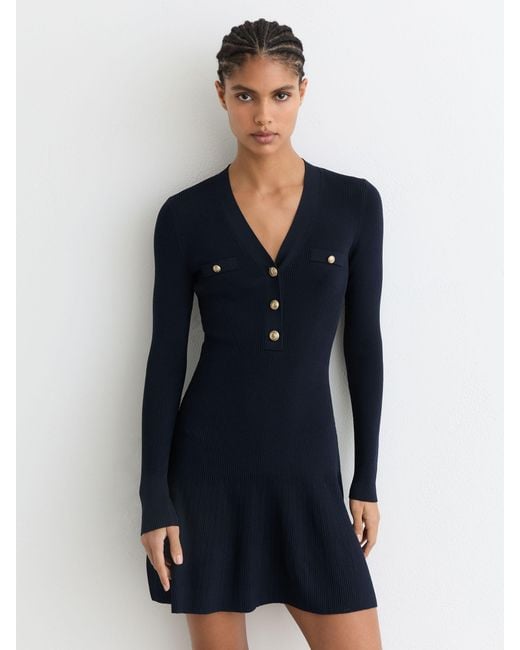 Reiss Blue Knitted Button-Detail Mini Dress