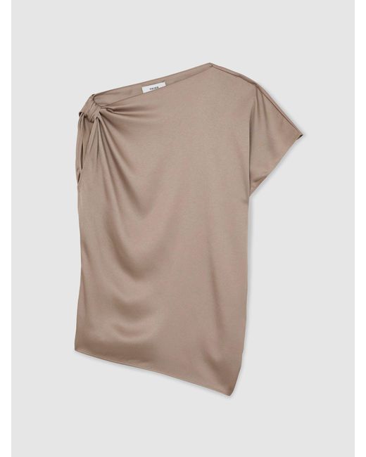 Reiss Brown Satin Draped One-Shoulder Top