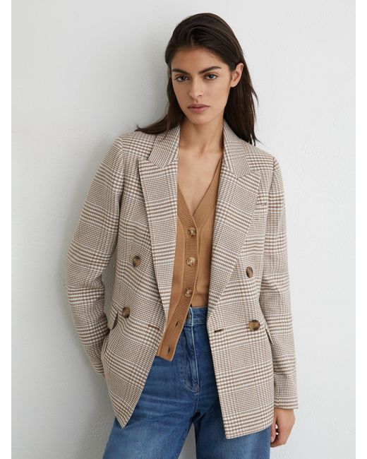 Reiss Natural Double-Breasted Check Blazer Cotton-Linen