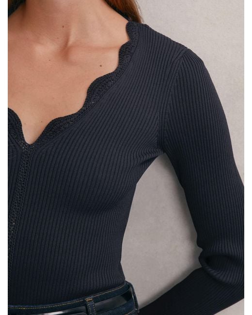 Reiss Blue Crochet-Trim Rib-Knit Top