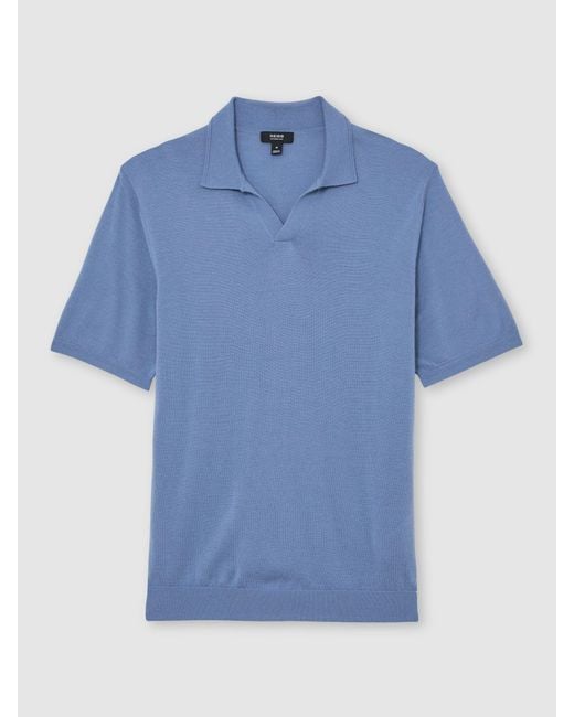 Reiss Blue Merino Wool Open-Collar Polo Shirt for men