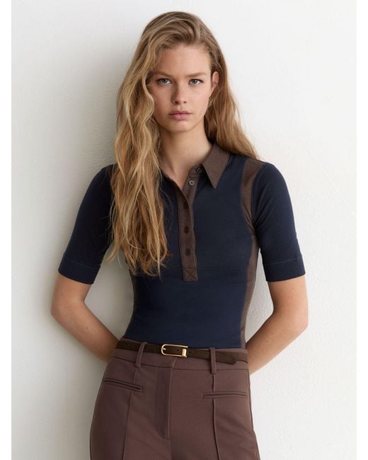 Reiss Blue Chocolate Colour-Block Half-Button Top With Wool
