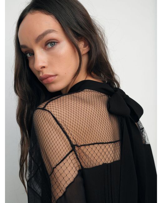 Reiss Marnie - Black Lace-insert Tie-back Blouse, Us 10