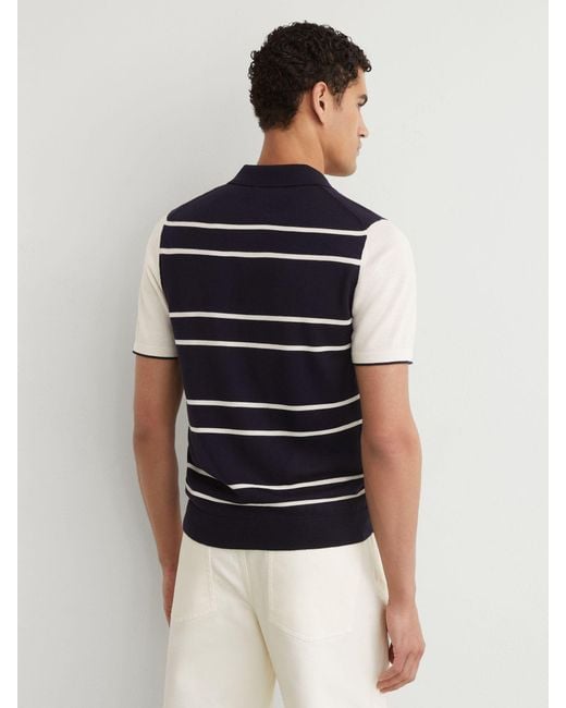Reiss Blue Merino Wool Striped-Knit Polo Jumper for men
