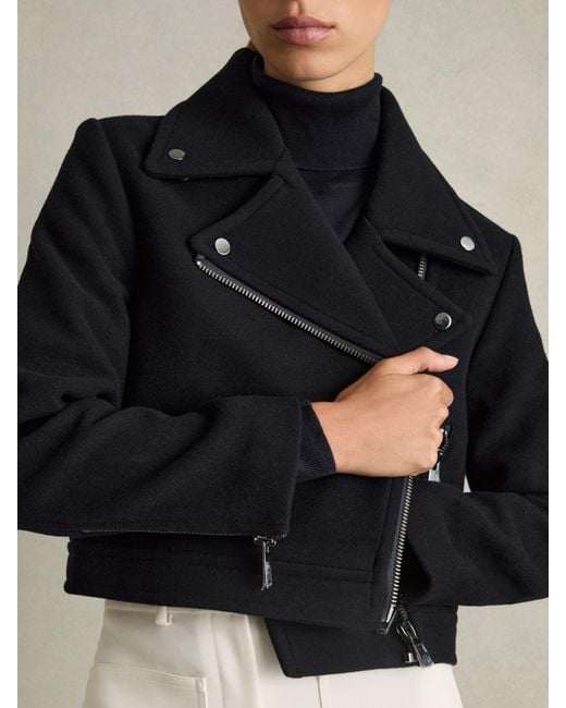 Reiss Black Wool-Blend Biker Jacket