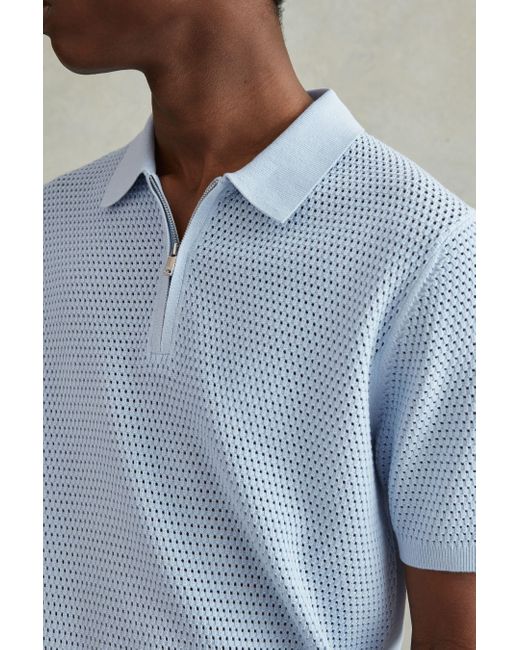 Reiss Burnham - Soft Blue Cotton Blend Textured Half Zip Polo Shirt for men