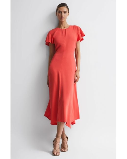 Reiss Red Eleni - Coral Cap Sleeve Maxi Dress