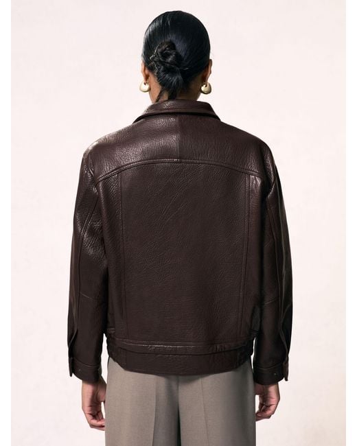 Reiss Brown Oversize Grained-Leather Bomber Jacket