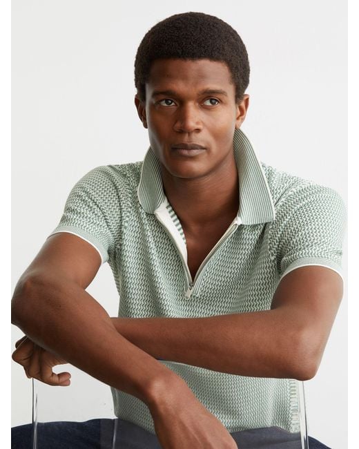 Reiss Brink - Soft Sage Green Textured-knit Half-zip Polo Shirt, S for men