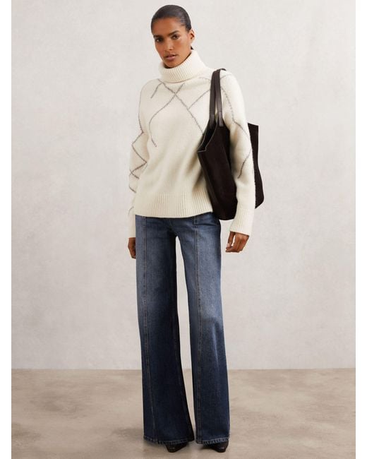 Reiss Natural Cream & Taupe Wool-Blend Roll-Neck Argyle Jumper