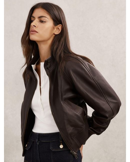 Reiss Black Eloise - Chocolate Brown Leather Funnel-neck Bomber Jacket, Us 6