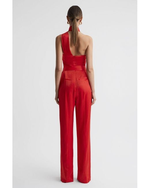 Reiss Jules - Red Satin Halter Neck Fitted Jumpsuit