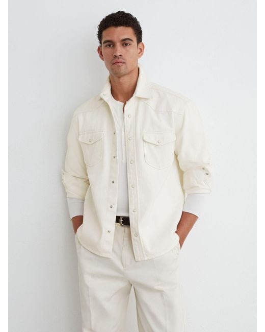 Reiss White Western Press-Stud Denim Overshirt for men