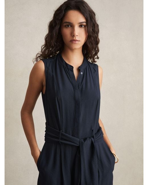 Reiss Blue Wide-Leg Belted Jumpsuit