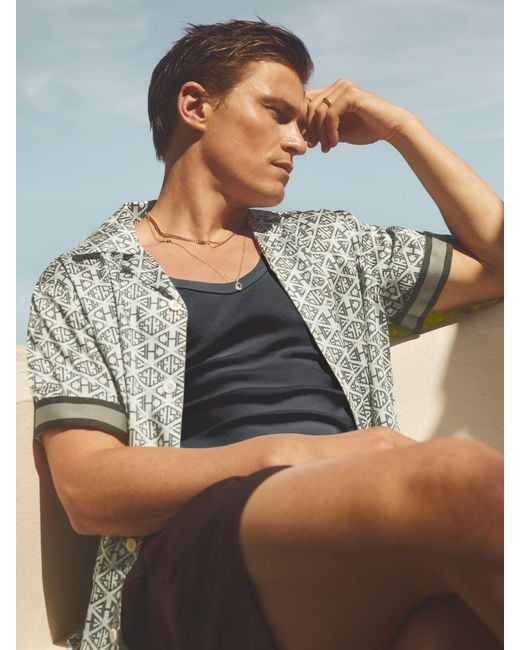 Reiss Gray Idra - Ivory/sage | Ché Monogram Print Cuff Detail Cuban Collar Shirt, L for men