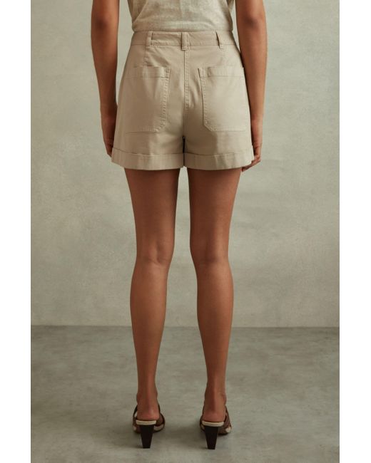 Reiss Green Nova - Neutral Cotton Blend Shorts With Turned-up Hems, Us 12