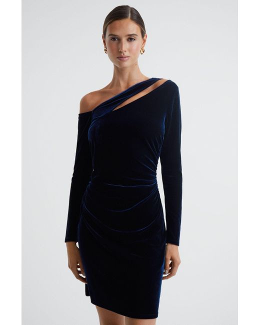 Reiss Blue Camilla - Navy Velvet Off-the-shoulder Mini Dress
