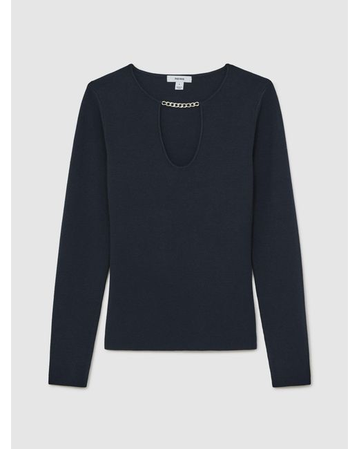 Reiss Blue Chain-Detail Keyhole Knit Top