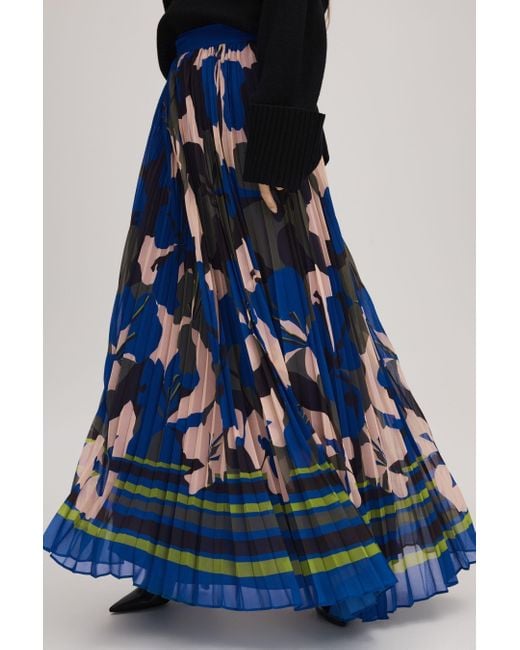 Florere Blue Printed Pleated Maxi Skirt, /Khaki