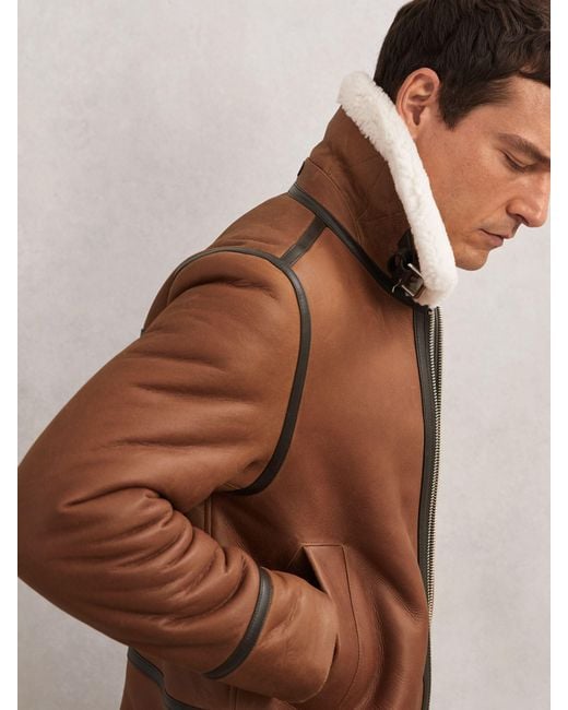 Reiss Brown Leather Shearling-Collar Jacket for men
