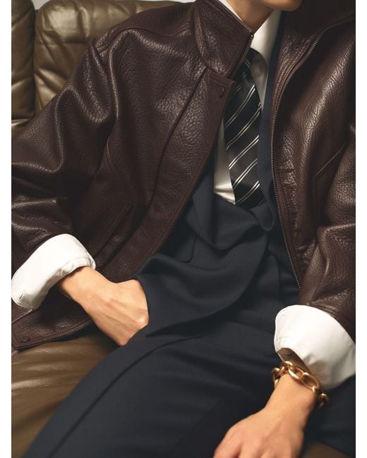 Reiss Brown Oversize Grained-Leather Bomber Jacket