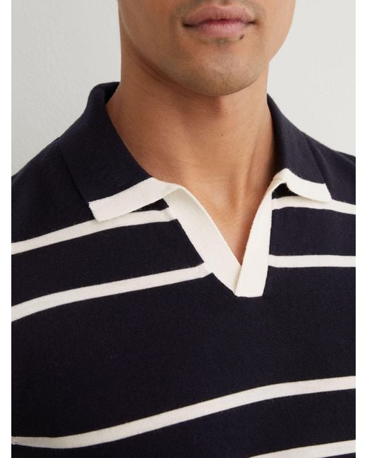 Reiss Blue Merino Wool Striped-Knit Polo Jumper for men