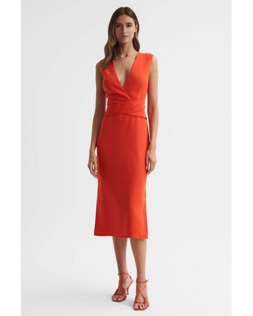 Reiss Red Jayla - Orange Fitted Wrap Design Midi Dress, Us 6