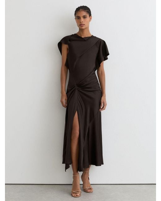 Reiss Multicolor Sasha - Chocolate Brown Satin Drape-detail Midi Dress, Us 0