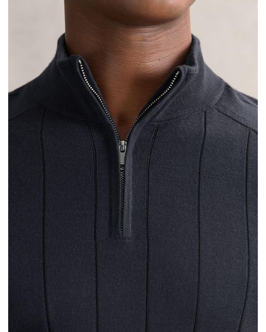 Reiss Blue Wool Wide-Rib Half-Zip Jumper for men