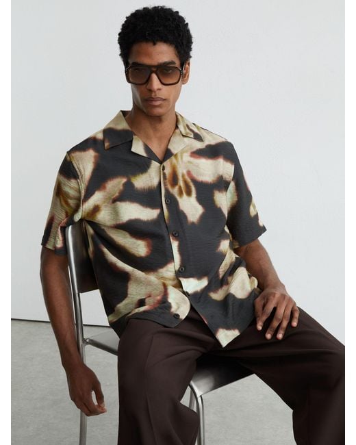 Reiss Black Graphic Floral-Print Short-Sleeve Shirt for men