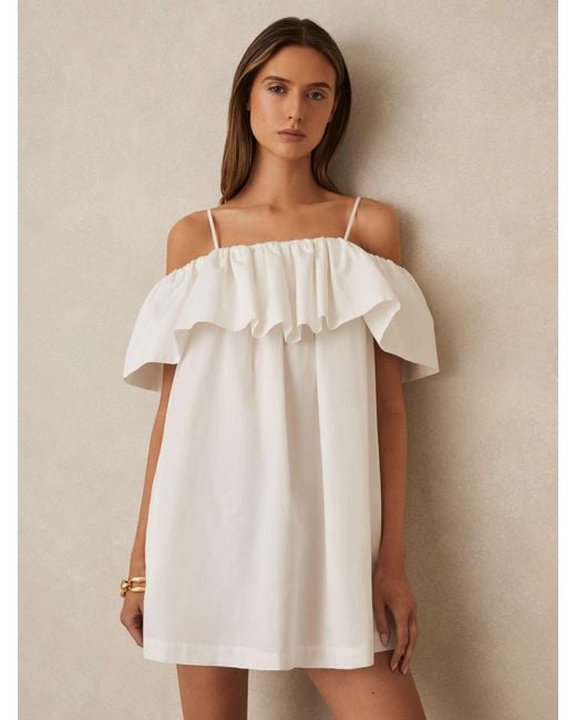 Reiss Natural Cream Cotton Off Shoulder Mini Dress