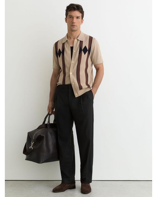 Reiss Brown Argyle-Knit Press-Stud Polo Shirt for men