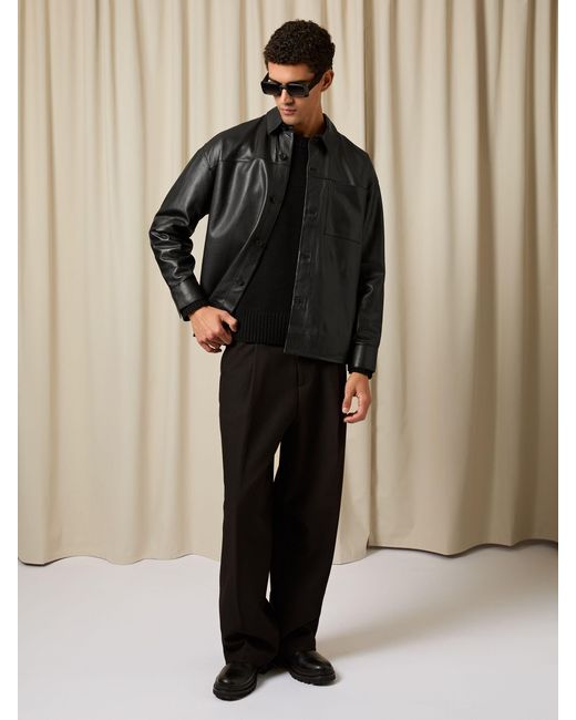 Reiss Black Monogram Embossed Leather Jacket Relaxed-Fit for men
