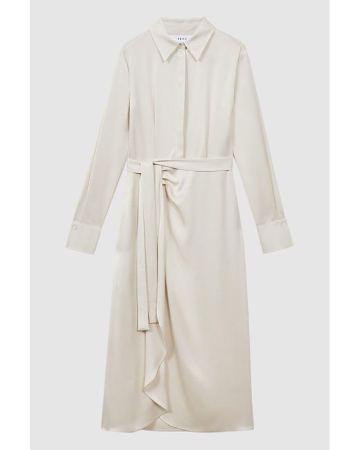 Reiss White Arabella - Cream Satin Shirt-style Midi Dress