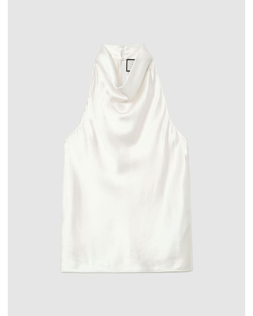 Reiss White Hammered-Silk Cowl-Neck Top