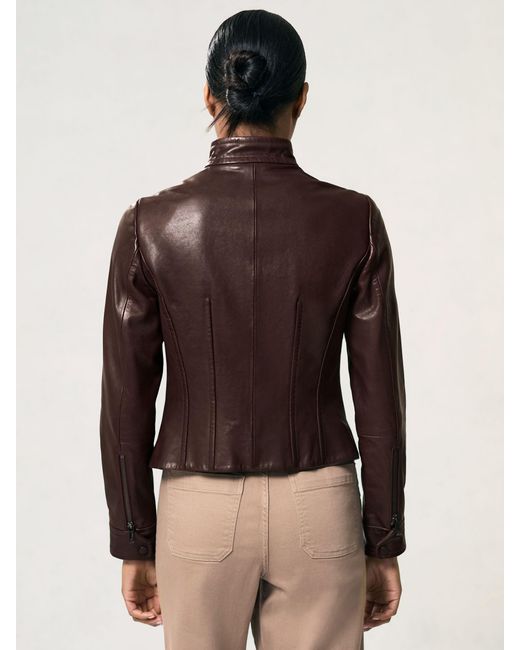 Reiss Brown Fitted Leather Biker Jacket